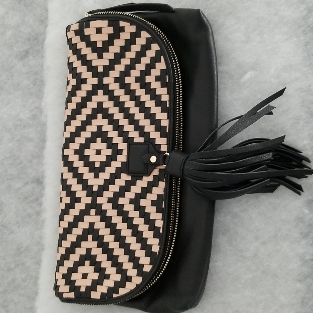 Cole Haan Skylar leather woven tassel clutch with dust bag